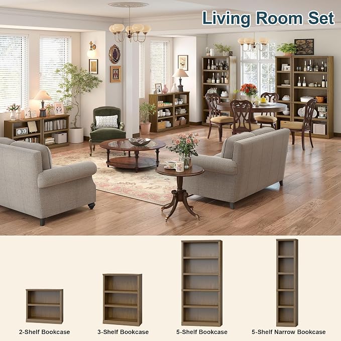 blini Wooden Bookshelf and Bookcase 5 Tier Narrow Bookshelves Set of 2, Vintage Oak Tall Bookshelf with Storage Cabinets for Living Room, Home Office, Library (Vintage Oak, 5-Shelf Narrow)