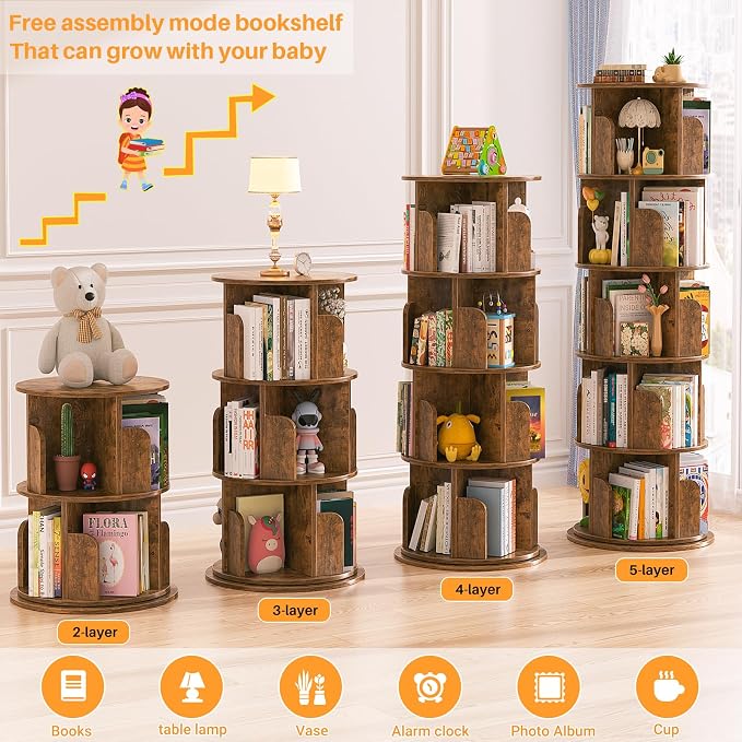 Aheaplus Rotating Bookshelf, 360 Display Wood Spinning Bookshelf Tower, 5 Tier Floor Standing Bookcase Storage Rack, Revolving Bookcase Corner Bookshelfs for Small Space, Study, Bed Room, Rustic Brown