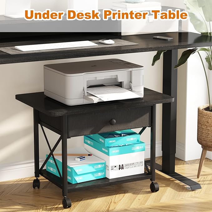EasyCom 23.6" x 15.7" Under Desk Printer Stand with Storage Drawer, 2-Tier Shelf Desktop Printer Table for Desk with Wheels, Large Rolling Cart for Home Office Fits 3D Printer Scanner Black