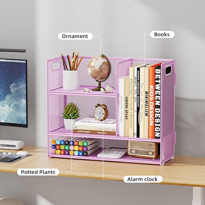 Marbrasse 3-Tier Desk Shelf Organizer with Handle, Desktop Bookshelf File Holder, Mesh Display Shelf Organizer Storage Rack for Office, Home, Supplies, Kitchen (Purple)