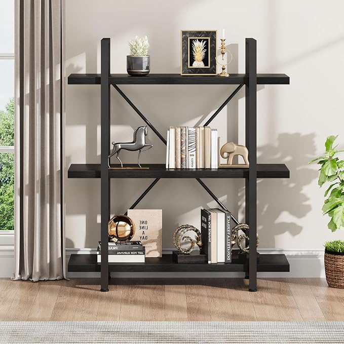 HSH 3 Tier Black Bookshelf, Industrial Small Metal Wooden Storage Book Shelves, Modern Open Low 3 Shelf Bookcase and Display Etagere, Vertical Book Shelf for Bedroom Living Room Office, Black Oak