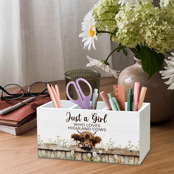 DILSJ Highland Cow Decor Pen Pencil Holder Organizer for Desk, Highland Cow Gifts for Women, Just a Girl Who Loves Cows Wooden Box Signs for Home Office Desk Tabletop Decoration