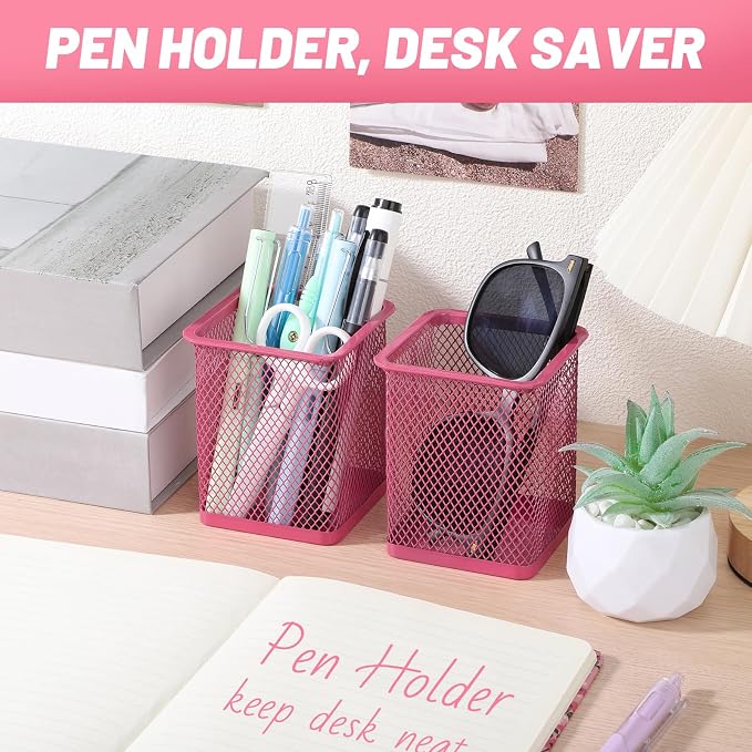 Segarty Pen Cup, 12 Pack Square Dark Pink Pen Holder for Desk, Multifuntional Mesh Pencil Cups Holder for Marker, Office Supplies, School Students, Home, Desktop Accessories Storage Organizer