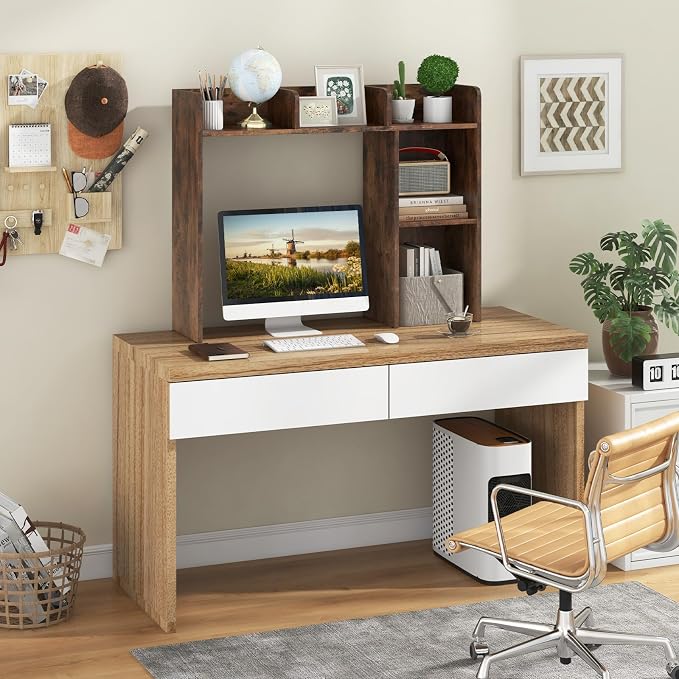 GOFLAME 5 Shelves Desktop Bookshelf, Wood Desk Hutch Dorm for Computer Desk, Countertop Display Rack, 3-Tier Desk Storage Organizer Shelf for Dormitory, Home Office, Study, Rustic Brown