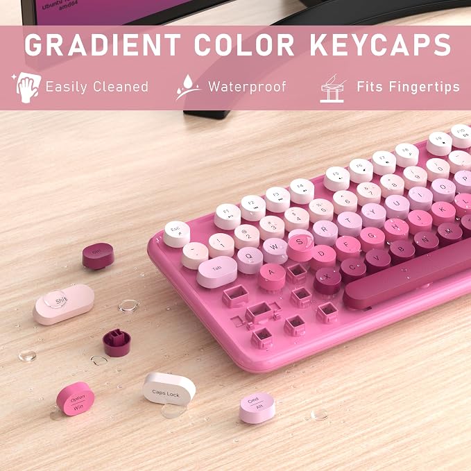 Links9+ Wireless Keyboard and Mouse, Full-Size Retro Typewriter Keyboard with Round Keycaps, 2.4GHz for Windows, Mac, Laptop, PC, Desktop (Dark Pink Gradient)