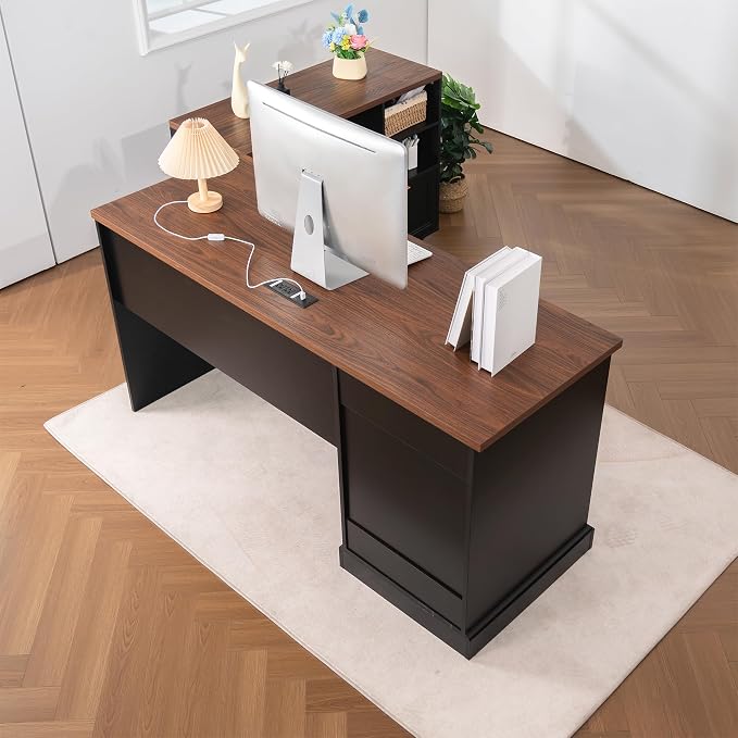 60" Farmhouse Executive Desk and 40" Mobile File Cabinet Combination,L Shaped Executive Desk with Charging Station,Home Office Desk for Office Work,Home Study