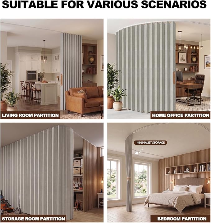 JILRON Folding Accordion Partition Divider with Ceiling Track - Hanging Room Curtain, Quick Setup(Grey 180" W x 96" L-Pack of 1)