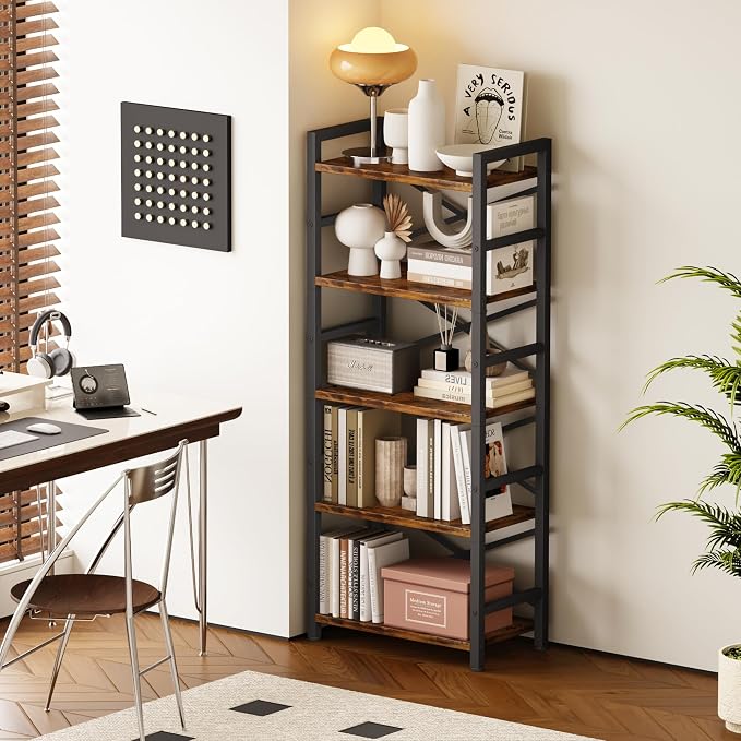 Organization and Storage, 5 Tier Bookshelf, Tall Bookcase with Shelves, Wood and Metal Book Shelf Storage Organizer, Industrial Display Standing Shelf Unit for Bedroom, Living Room, Rustic Brown