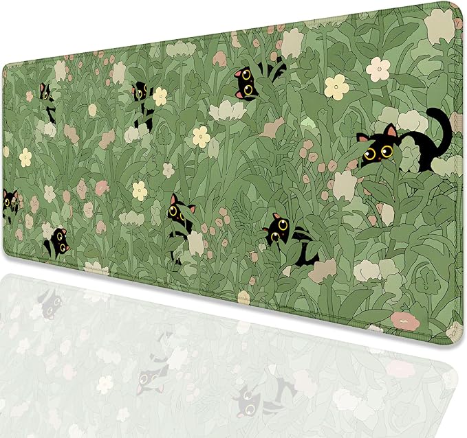 Cute Cats Desk Pad Mouse Pad,Sage Green Plants Flowers Floral Mouse Mat Large,Stitched Edges Non-Slip Waterproof Rubber Base Mous Mat for Office Home Work Gaming(27.5X11.8 in)