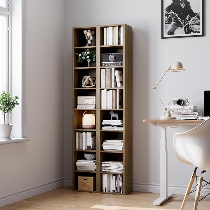 Bamjoy 71 Inches Tall Narrow Bookshelf, 8-Tier Slim CD DVD Media Shelf, Corner Bookcase with Adjustable Shelves, Cube Skinny Bookshelf for Home Office Small Space, Light Walnut