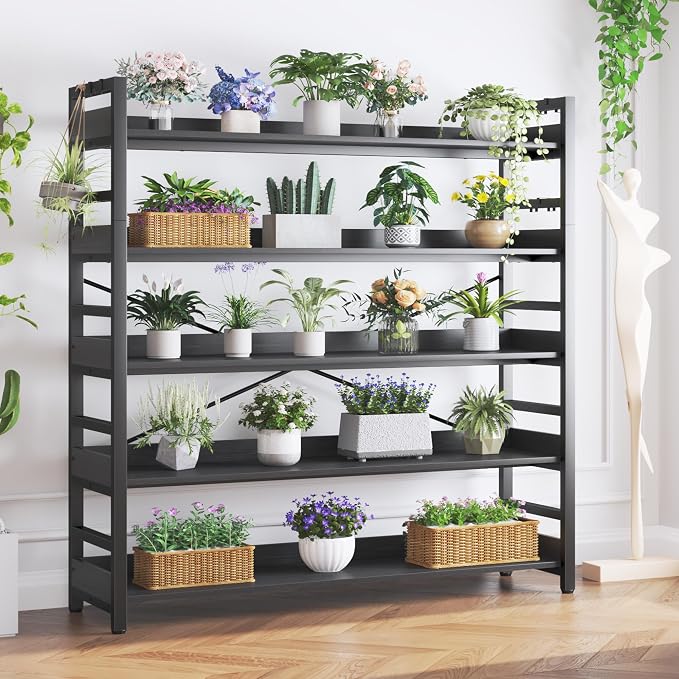 HCHQHS 5 Tier Bookshelf, Adjustable Industrial Bookcase, Vertical Tall Book Shelf, Wood and Black Metal Open Bookshelves for Home Office, Living Room, Bedroom