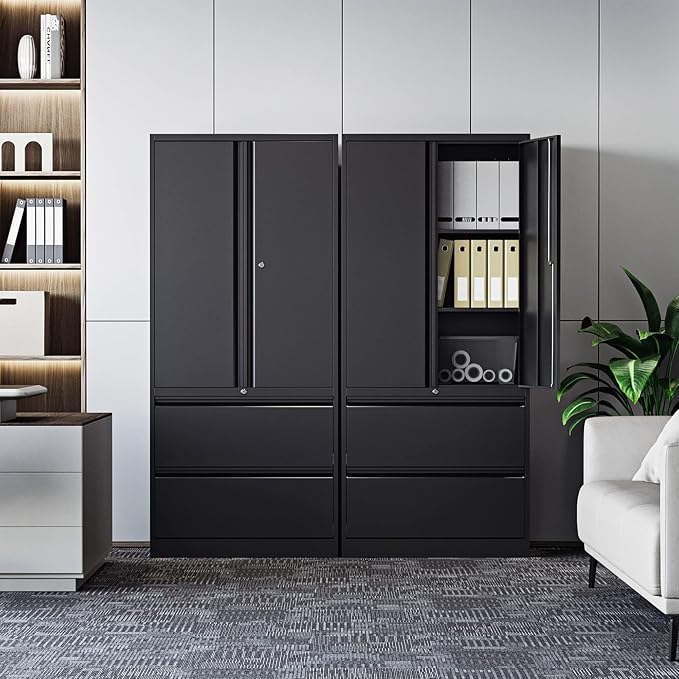 STANI 2 Drawer Lateral File Cabinet - Metal Storage Cabinet with Locking Drawers for Letter/A4 Size Files (Black)