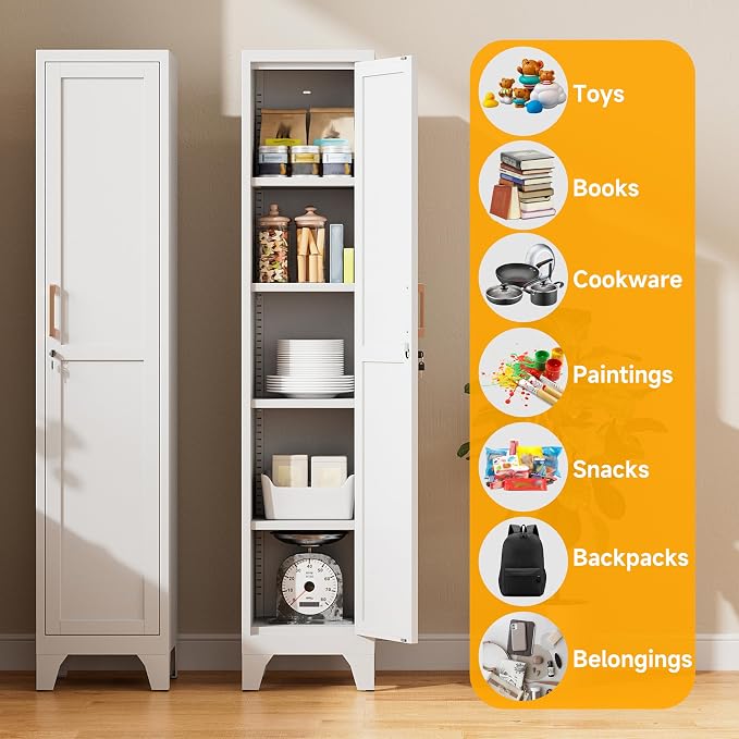 67"H White Metal Locker with 1 Lockable Door and 4 Adjustable Shelves For Employees, 5 Tier Thin Storage Cabinet with Detachable Legs and Gold Handle for Kitchen,Office,Gym,School,Easy Assembly 2Pcs
