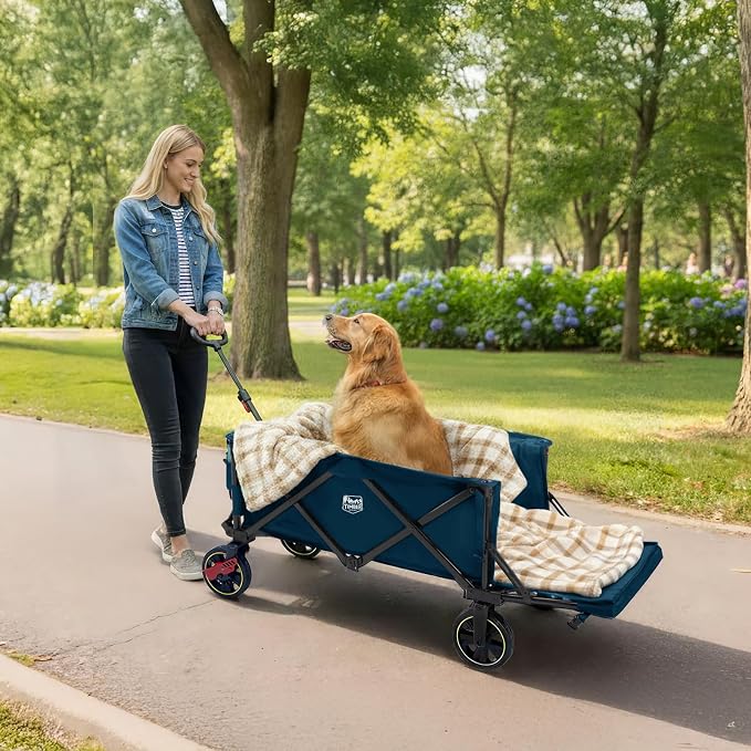 Timber Ridge 49" Collapsible Folding Wagon with Tailgate, 300lbs Heavy Duty Foldable Wagon with Wheels, 250L Capacity Portable Utility Cart for Outdoor Camping, Sports, Dogs, Blue