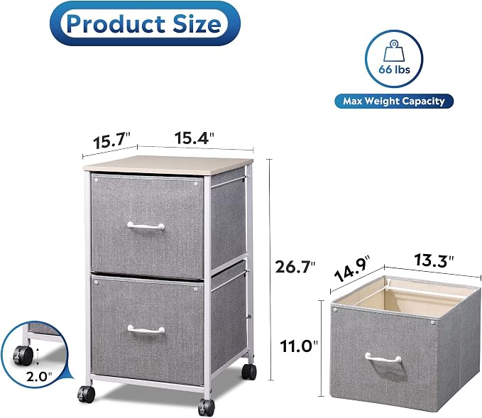 DEVAISE 2 Drawer Mobile File Cabinet, Rolling Printer Stand, Fabric Vertical Filing Cabinet fits A4 or Letter Size for Home Office, Light Grey