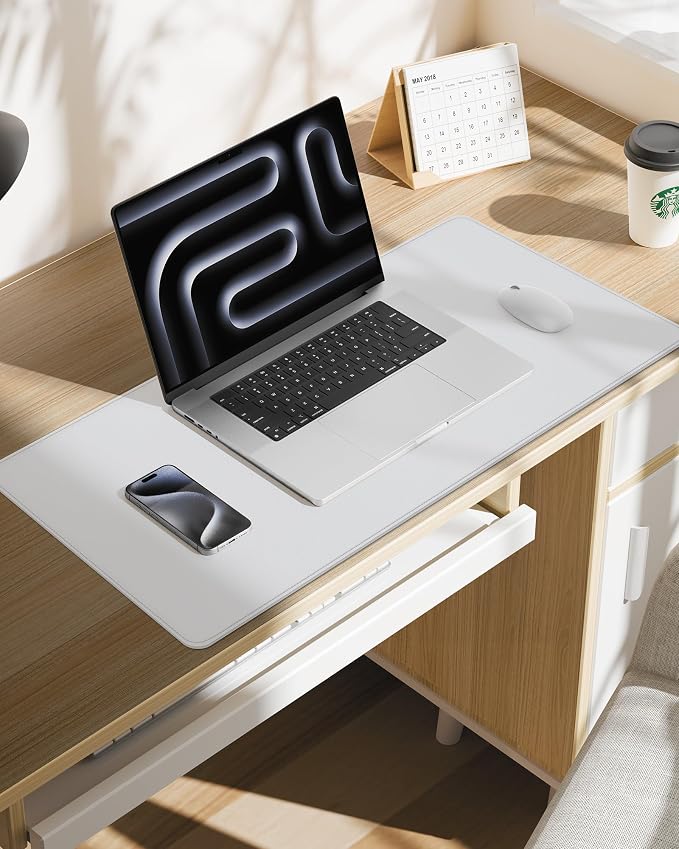 Leather Desk Pad Protector, Mouse Pad, Office Mat, Non-Slip PU Leather Blotter, Laptop Pad, Waterproof Writing Pad for Office and Home (White, 31.5" x 15.7")