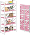4NM 5 Tiers No Assembly Book Shelves, 51.2" H Folding Bookshelf Bookcase Open Industrial Foldable Shelves for Bedroom, Living Room, Home Office - Pink White
