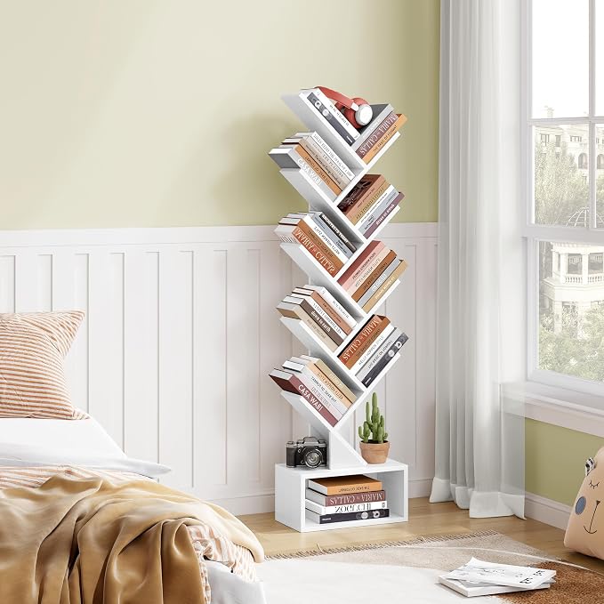 Hoctieon 9 Tier Tree Bookshelf, Tall Bookcase with Drawer, Wood Book Shelf, Modern Floor Standing Bookshelves, Book Organizer Shelves for Bedroom, Living Room, Home Office, White