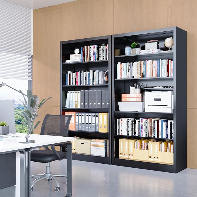 OSEILLC 5 Tier Bookcase, 55" Tall Heavy Duty Metal Bookshelf, Free Standing Bookcase with Back Panel & 4 Adjustable Storage Shelves, Open Display Shelf for Bedroom Living Room Home Office (Black)