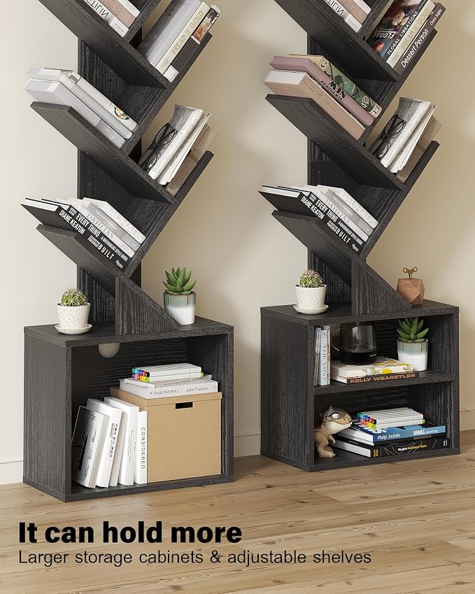 SUNMORY 6 Tier Tree Bookshelf, Small Bookcase with Storage Cabinet, Modern Narrow Bookshelves Organizer, Floor Standing Book Shelf for Bedroom/Living Room/Home Office/Corner, Black