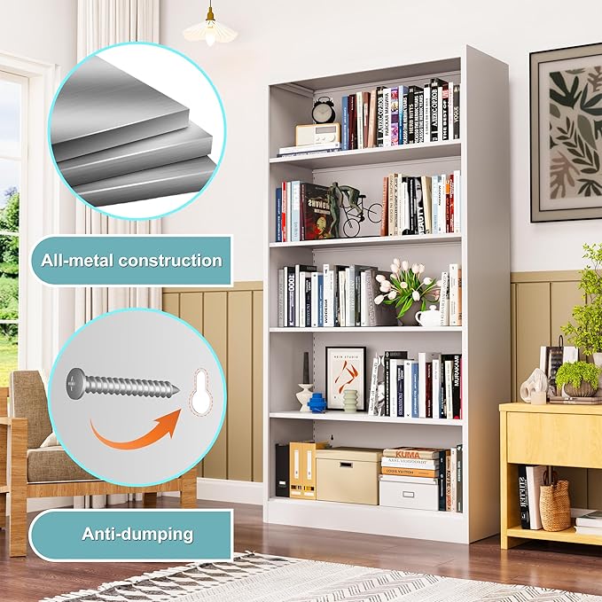 Bookcase, 5 Tier Bookshelves, 14" Deep Book Case for Book/Decor/CD/Movie, Metal Adjustable Book Shelf, 66" Tall Modern Bookshelf for Bedroom Living Room Home Office School (White, 66"Hx33"Wx14"D)