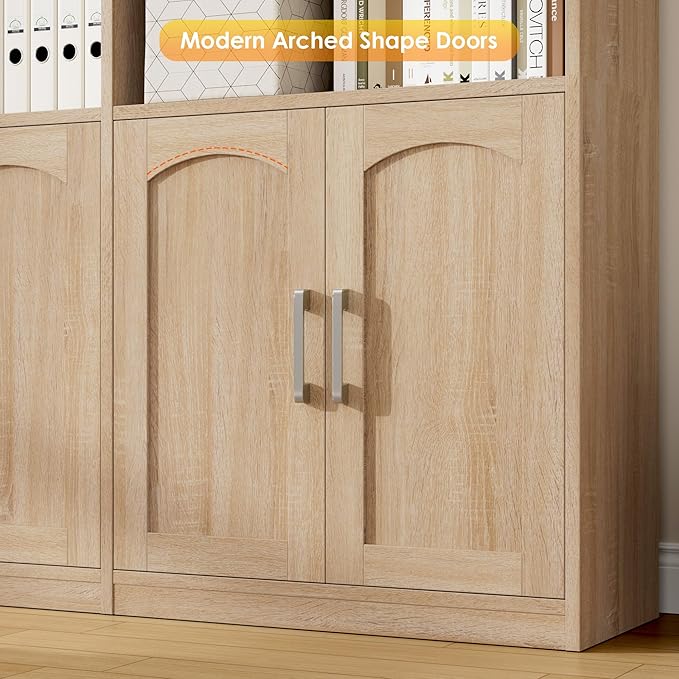 FACBOTALL Bookshelf and Bookcase with Doors, 6 Tier Double Wide Large Bookshelves, Open Display Shelves, 73'' Tall Bookshelf with Storage Cabinets for Home Office, Living Room, Library, Oak