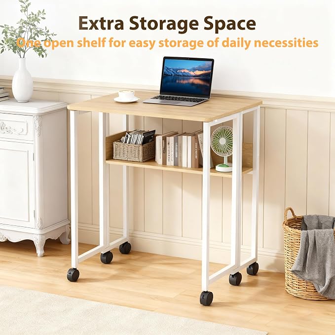 Folding Desk with Storage Shelf, 31.5 Inch Foldable Computer Table with Wheels for Small Spaces,Space Saving Sofa Table for Couch, Rolling Writing Work Office Computer Desk, Easy to Fold,Oak