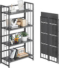 4NM No Assembly 4 Tiers Folding Bookshelf, 47.2" H Foldable Storage Shelves Vintage Bookcase Standing Racks Study Organizer Home Office - All Black