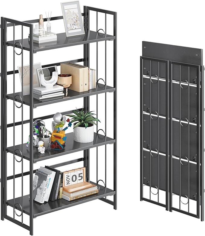4NM No Assembly 4 Tiers Folding Bookshelf, 47.2" H Foldable Storage Shelves Vintage Bookcase Standing Racks Study Organizer Home Office - All Black