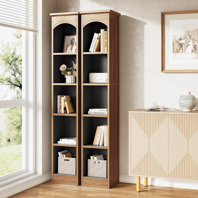 LITTLE TREE 70.9" Tall Bookshelf, 5-Tier Open Bookcase with Cubes, Bookshelves with Storage Space, Freestanding Narrow Bookcase for Home Office, Brown, 2 Pack