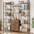 AFLUI Triple Bookshelf with 3 Fabric Drawers, 5-Tier Book Shelf and 10 Display Shelves, Industrial Large Bookcase for Home & Office, Rustic Brown, 47'' Wide