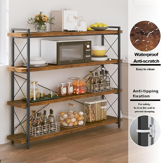 HCHQHS Large Bookshelf, 4-Tier Long Industrial Bookcase, Rustic Brown Book Shelf, Freestanding Horizontal Bookshelves with Metal Frame