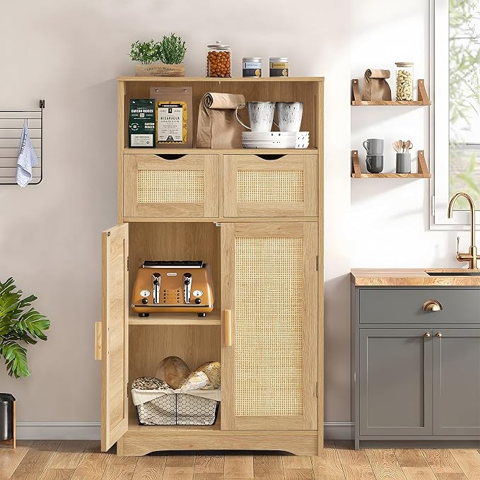 Iwell Storage Cabinet with 2 Drawers & Adjustable Shelves, Rattan Cabinet, Kitchen Pantry Cabinets, Cupboard for Living Room, Kitchen, Home Office, Natural SNG008NR