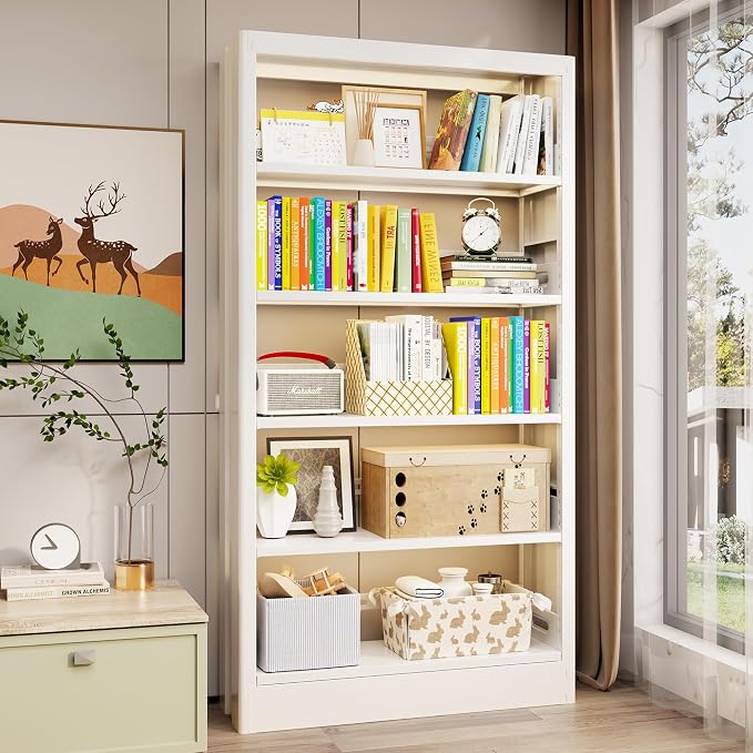 5-Tier Adjustable Bookcase, Heavy Duty Bookshelf with Book Stopper, Metal Bookcase for Library, Office, Living Room
