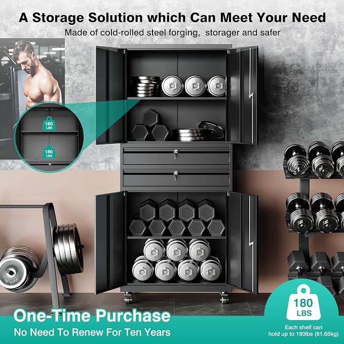 Metal Storage Cabinet with Wheels and Drawers,Rolling Garage Storage Cabinet with Locking Doors and Adjustable Shelves,73" Mobile Tall Large Metal Tool Cabinets with Locks for Home,Office,Garage