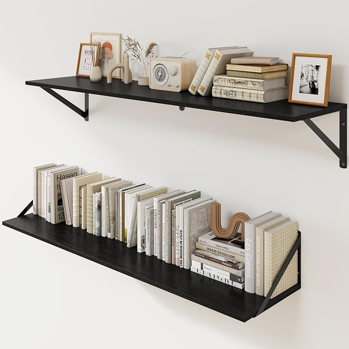 Heimlove Black Deep Floating Shelves for Wall, 40W x 8D Wood Wall Shelves Set of 2, Wide Floating Bookshelf for Living Room, Kitchen, Office, Bedroom and Decor Storage, with Metal Bracket - Black