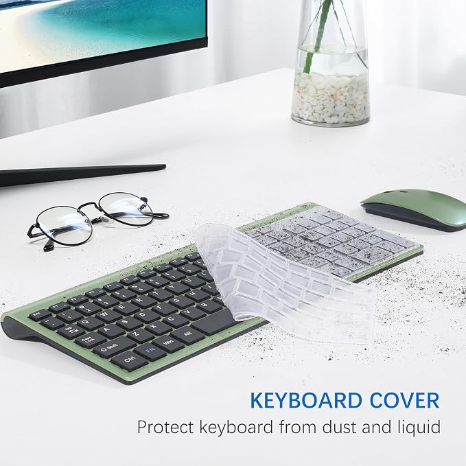 Wireless Keyboard and Mouse Ultra Slim Combo, TopMate 2.4G Silent Compact USB 2400DPI Mouse and Scissor Switch Keyboard Set with Cover, Batteries Included, for PC/Laptop/Windows/Mac - Green Black