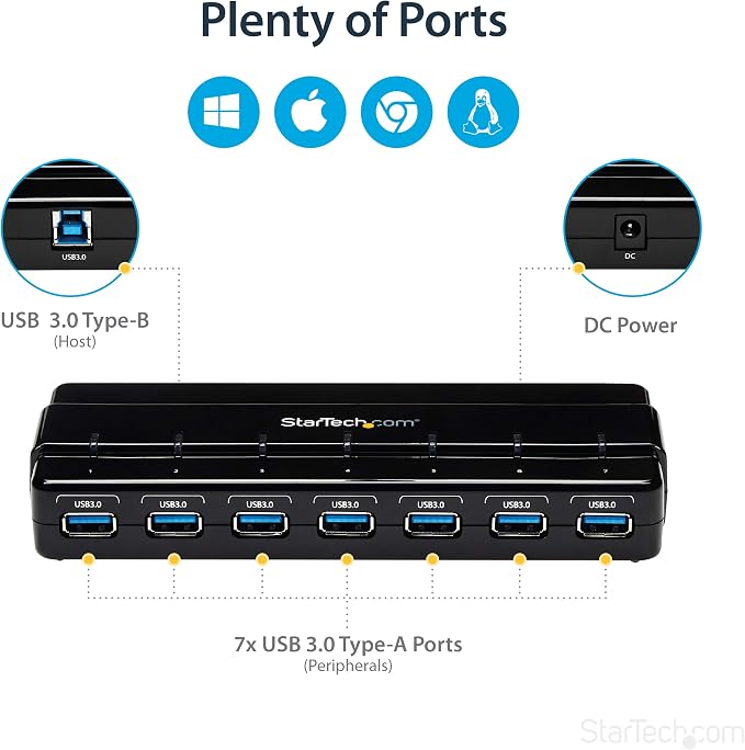 StarTech.com 7 Port USB 3.0 Hub – Up To 5 Gbps – 7 x USB – Universal Multi Port USB Extender for Your Desktop – USB Powered (ST7300USB3B)