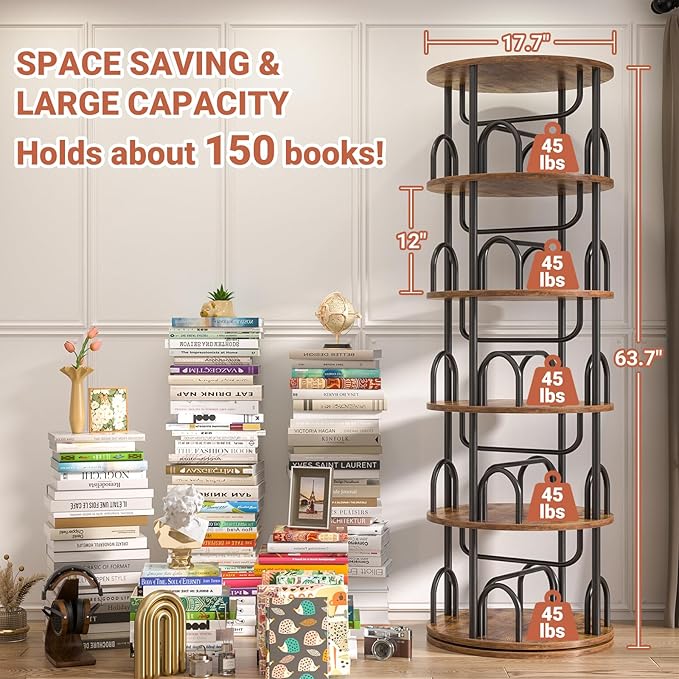 Aheaplus 5 Tier Rotating Bookshelf Tower, 360 Display Spinning Bookcase, Revolving Round Book Shelf Narrow Swivel Bookshelf, Vertical Turning Corner Book Organizer for Small Space, Rustic Brown