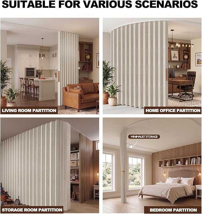 JILRON Accordion Partition Curtain with Ceiling Track - Space-Saving Room Divider, Tool-Free Installation(Off-White 100" W x 84" L-Pack of 1)