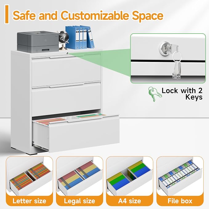 3 Drawer Lateral File Cabinets with Lock,Metal Filing Cabinet for Home Office,Wide Office Storage Cabinet with Hanging Bars for A4 Legal/Letter Size(White-Easy Assembly)