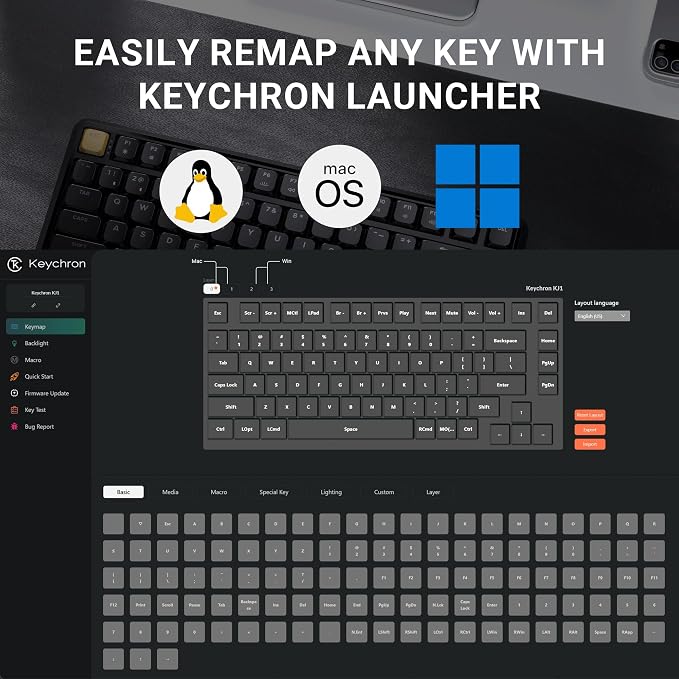 Keychron KJ1 Low Profile Wireless Mechanical Keyboard, 2.4 GHz Bluetooth QMK 75% Layout RGB, Hot-swappable Brown Switch Compatible with Mac Windows Linux, 2000mAh Fast Charge for Gaming - Black