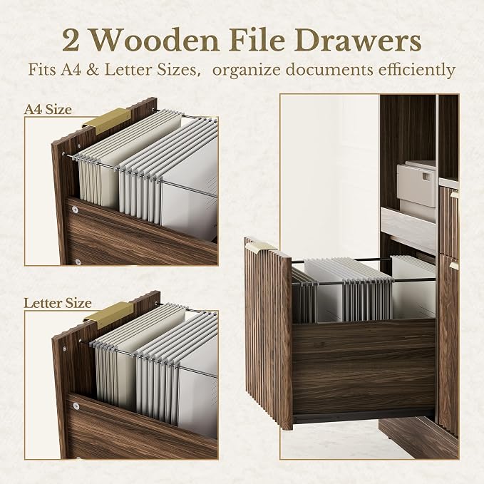 3 Drawer File Cabinet, Fluted Wood Lateral Filing Cabinet with Charging Station for Home Office, Fits for A4/Letter-Sized Files, Printer Stand with Open Storage Shelves, Black Walnut