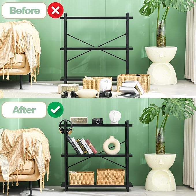 HCHQHS Bookshelf, 3-Tier Industrial Bookcase, Black Open Book Shelf, Freestanding Horizontal Bookshelves with Metal Frame