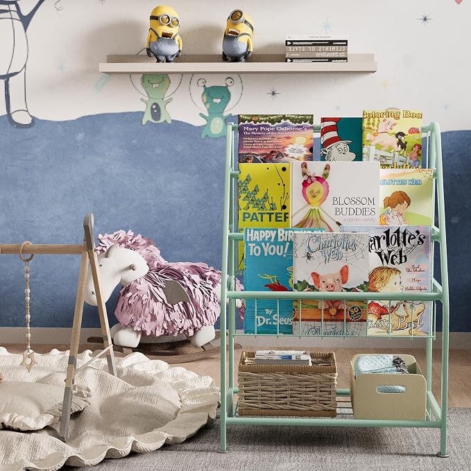 aboxoo Kids Bookshelf Todder Freestanding Small Bookcase Organizer for Children Room 18 inches Metal Bookcase Toy Organizer Green Stable Bookcase Bookstore Library Book Unit Storage for Small Place