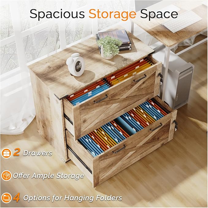 VINGLI 2 Drawer File Cabinet with Lock, Home Office Filing Organizer, for Letter Legal A4 Size File Folder Storage, Modern Farmhouse, Wood Lateral Filing Cabinet, Archivador (Rustic Gray)