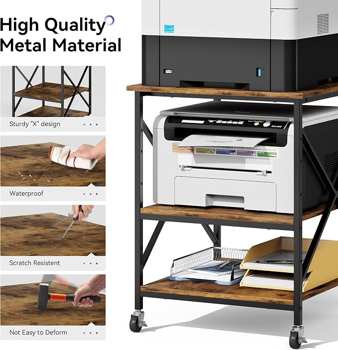 Warmiehomy 24"x24"x30" Large Printer Stand with Storage, 3 Tier Rolling Printer Cart Table, Mini Fridge Stand with Wheels, Use for 3D Laser Printer Home Office, Rustic Brown
