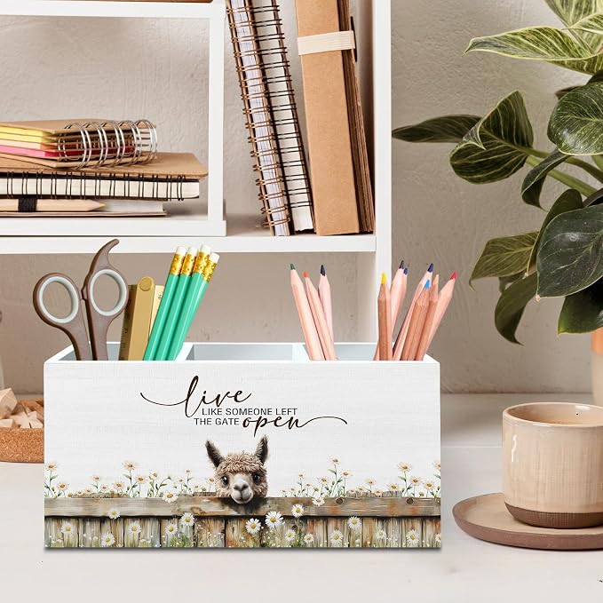 DILSJ Alpaca Inspirational Pen Pencil Holder Organizer for Desk, Alpaca Gifts for Women, Live Like Someone Left the Gate Open Wooden Box Signs for Home Office Desk Tabletop Decoration