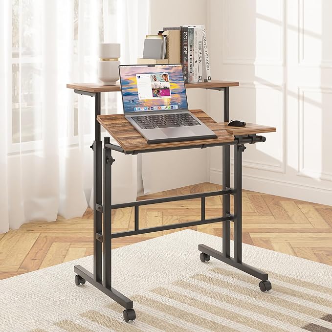 VECELO Mobile Small Standing Desk Adjustable Height, Computer Workstations with Tiltable Tabletop, Lockable Wheels, Portable Rolling Laptop Desk for Home Office, Brown