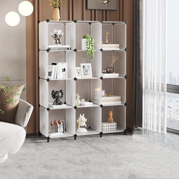 AWTATOS Cube Storage Organizer Storage 12 Cube Bookshelf DIY Plastic Closet Storage Shelves with Wooden Mallet, Ideal Storage Solution for Home, Bedroom, Translucent White